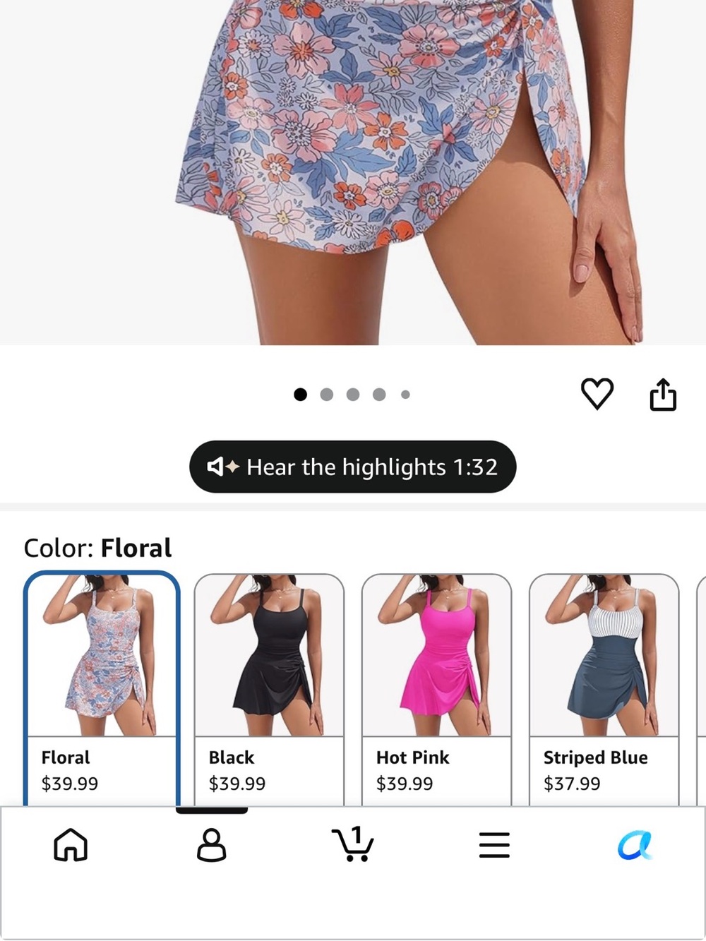 Floral Scoop Neck Women’s Swim Dress and Bikini Bottom - Pink & Blue - Picture 2 of 3